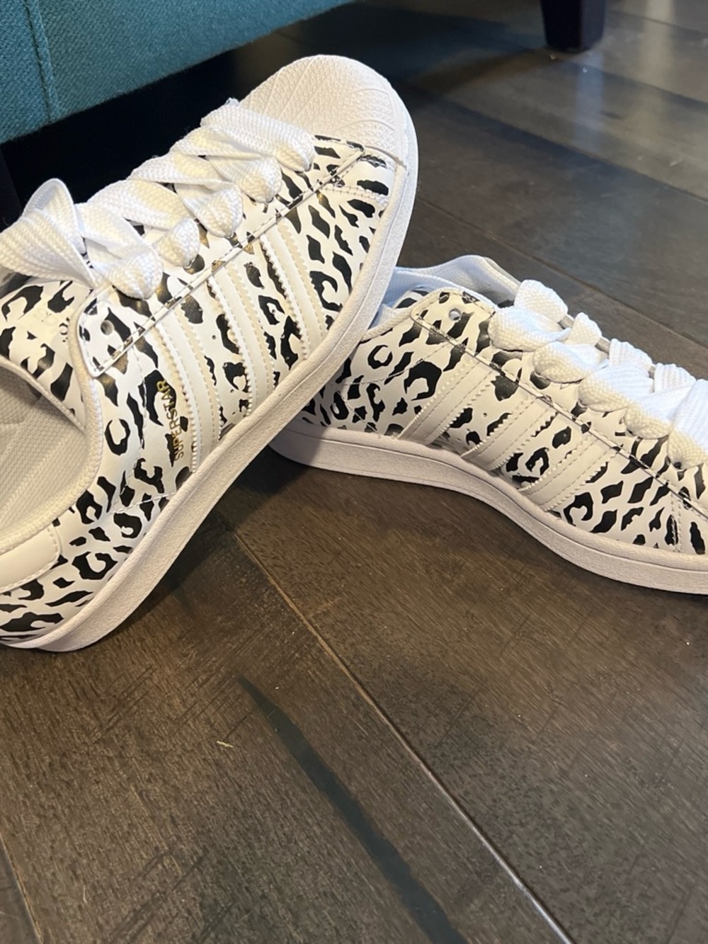 adidas White Sneakers with Black Leopard Print and Gold Logo
